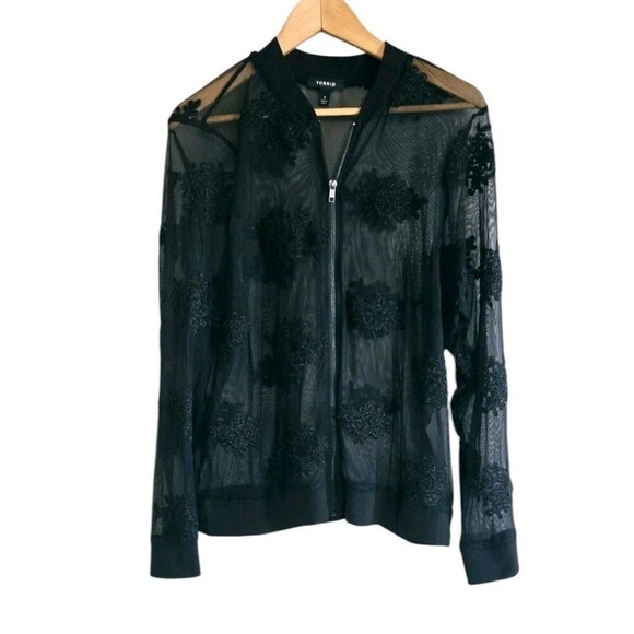 Torrid Floral Lace Jacket Women's Size 1 14/16 Black Sheer Full Zip - Picture 1 of 7